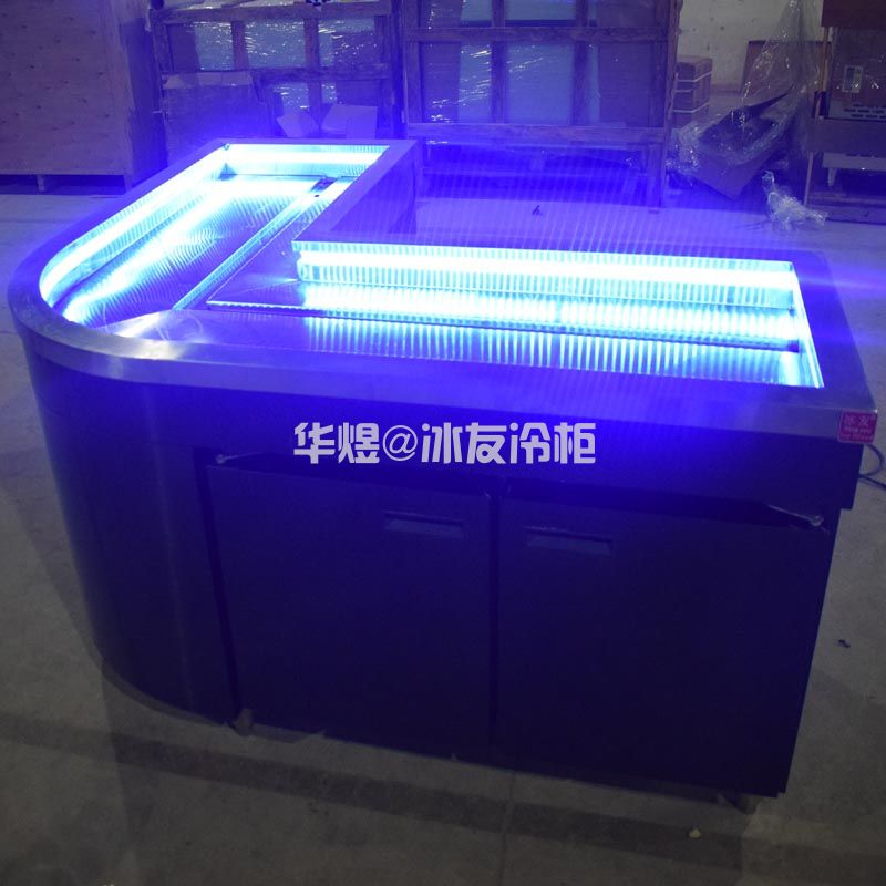 厂家直销冰友转角式冰鲜台超市酒店海鲜冰机黑拉丝双机双温冰台