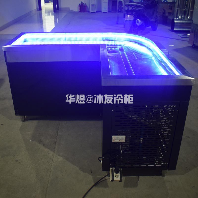 厂家直销冰友转角式冰鲜台超市酒店海鲜冰机黑拉丝双机双温冰台