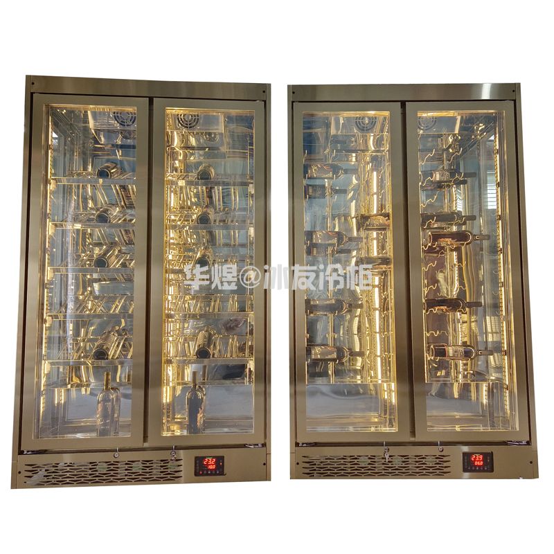 后置机组双门黄金色酒柜压缩机恒温酒柜酒水冷藏展示柜