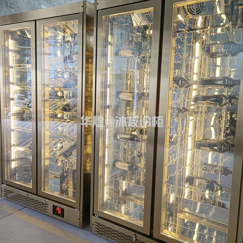 后置机组双门黄金色酒柜压缩机恒温酒柜酒水冷藏展示柜
